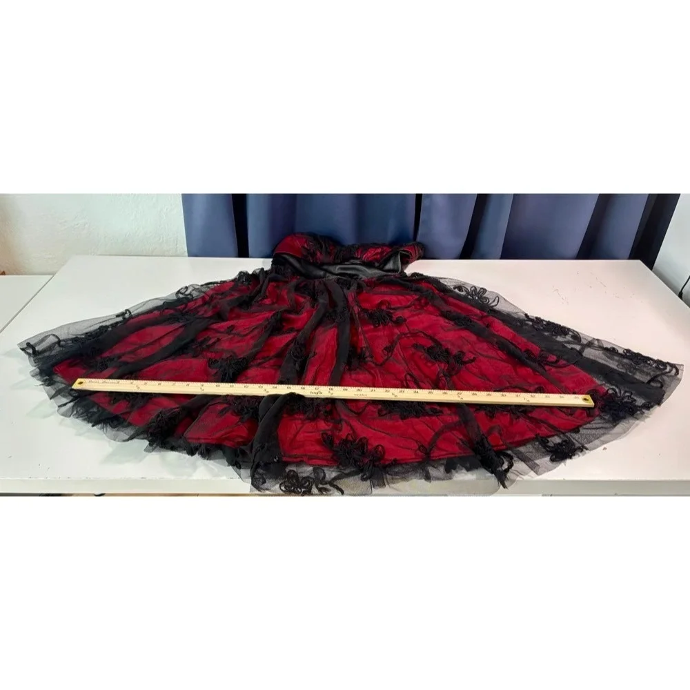 NEW Strapless Dress Juniors 11/12 Red Black‎ Mesh Embroidery Goth Dark Romance